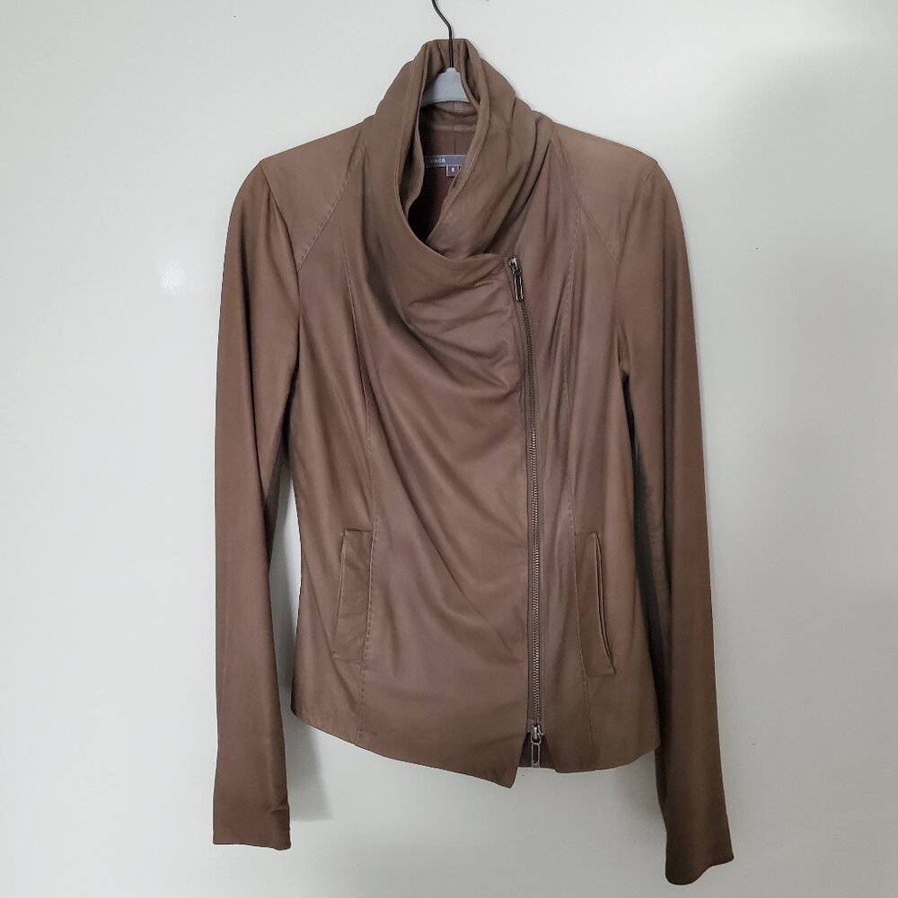 Vince Leather Scuba Jacket in Olive Green, Size S